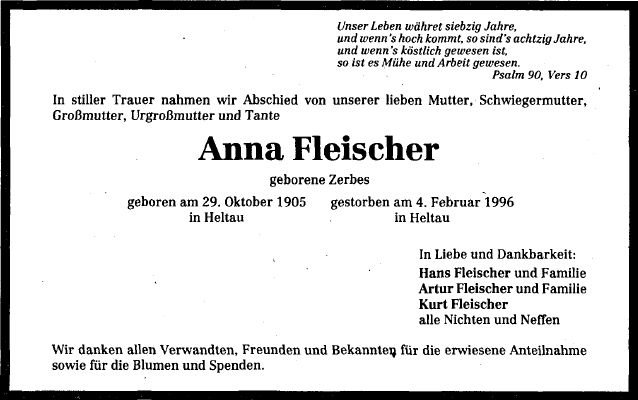 Zerbes Anna 1905-1996 Todesanzeige
